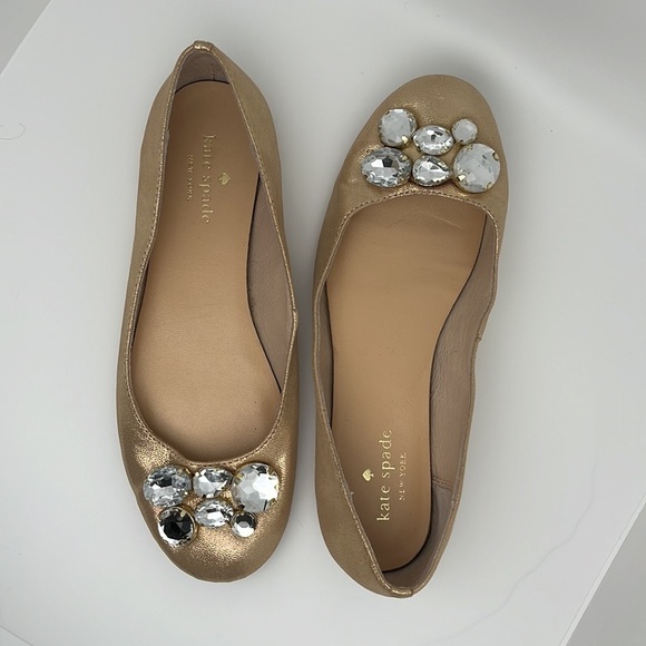 kate spade Shoes - Kate Spade Gold Leather Jeweled Rhinestone Toe Slip on Flats Shoes Size 6